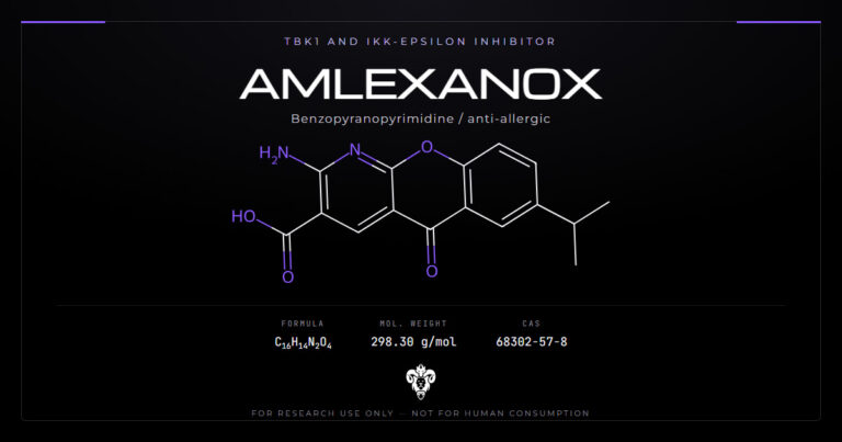 Amlexanox chemical structure with molecular formula C16H14N2O4 on a dark laboratory background
