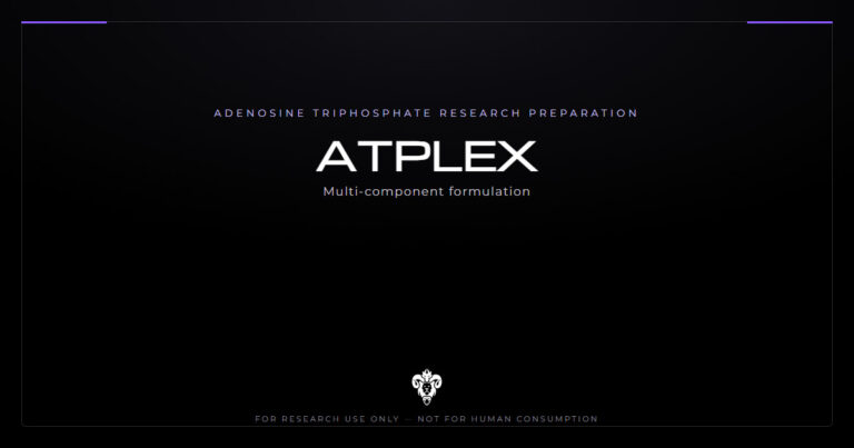 ATPLEX identity card for a multi-component adenosine triphosphate research preparation on a dark laboratory background