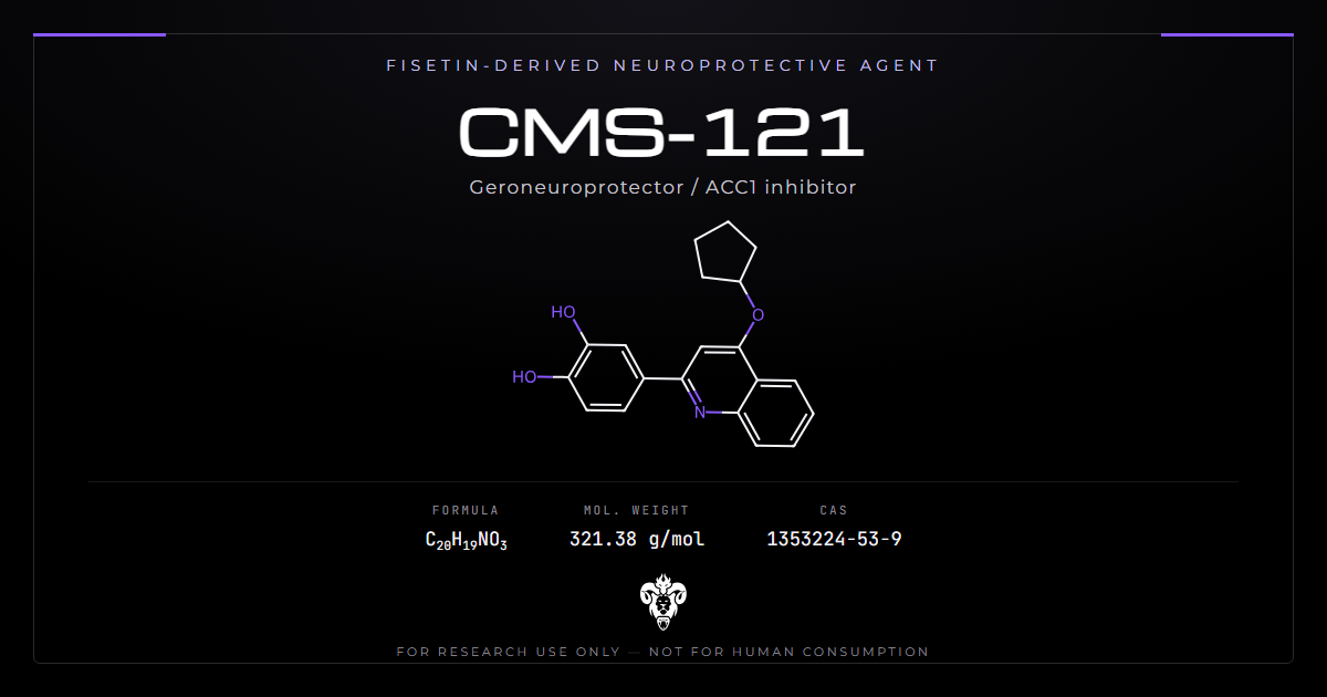 CMS-121 chemical structure and identifiers — CAS 1353224-53-9, C20H19NO3, 321.38 g/mol, a fisetin-derived fatty acid synthase inhibitor