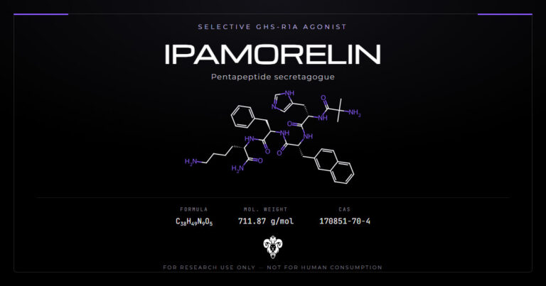 Ipamorelin chemical structure with molecular formula C38H49N9O5 on a dark laboratory background