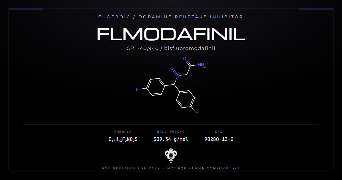 Flmodafinil (CRL-40,940) chemical structure with CAS number, molecular formula, and molar mass