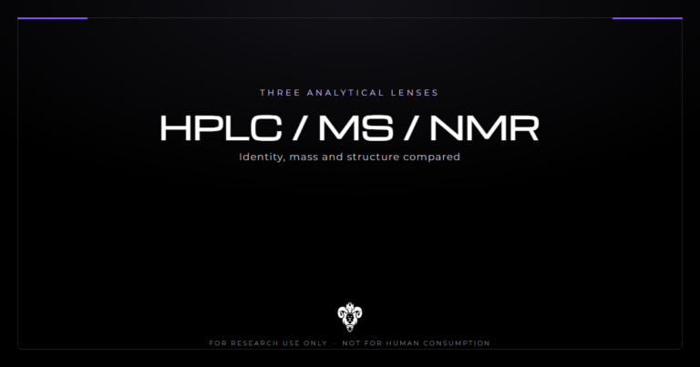 HPLC, mass spectrometry and NMR title card comparing three analytical methods on a dark laboratory background