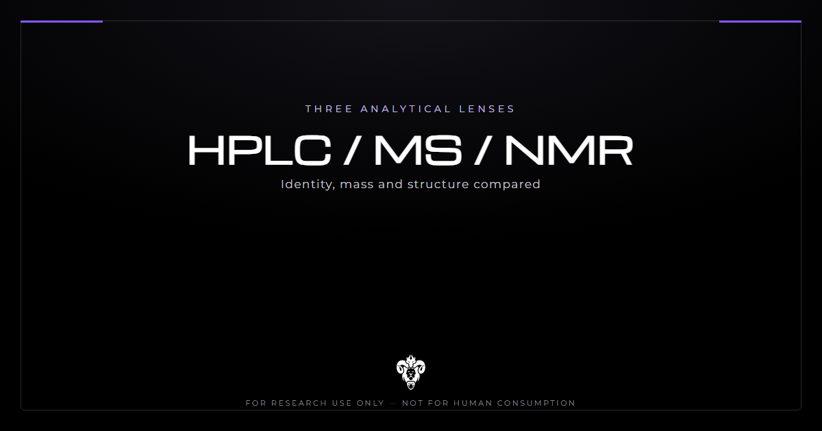 HPLC, mass spectrometry and NMR title card comparing three analytical methods on a dark laboratory background