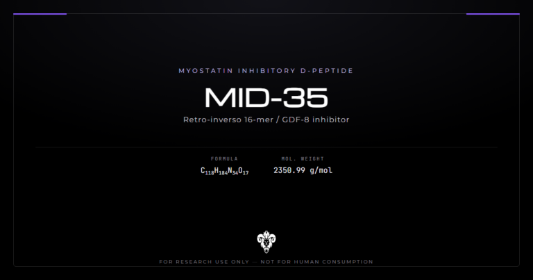 MID-35 peptide sequence map: 16-mer retro-inverso D-peptide with D-cyclohexylglycine at positions 3 and 9