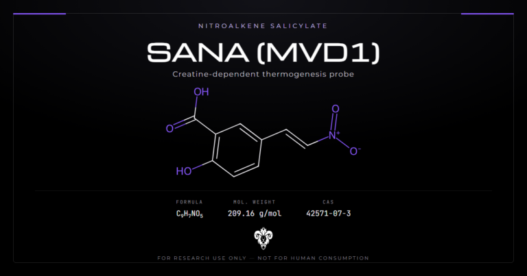 SANA (MVD1) skeletal structure with CAS number and molecular formula on a dark Kimera Chems background