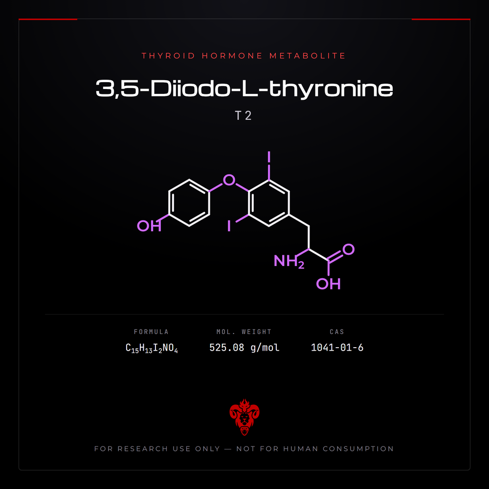 Chemical structure representation of 3,5-Diiodo-L-thyronine (T2), an iodothyronine / Thyroid Hormone Metabolite.