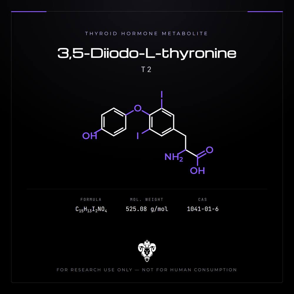 Chemical structure representation of 3,5-Diiodo-L-thyronine (T2), an iodothyronine / Thyroid Hormone Metabolite.
