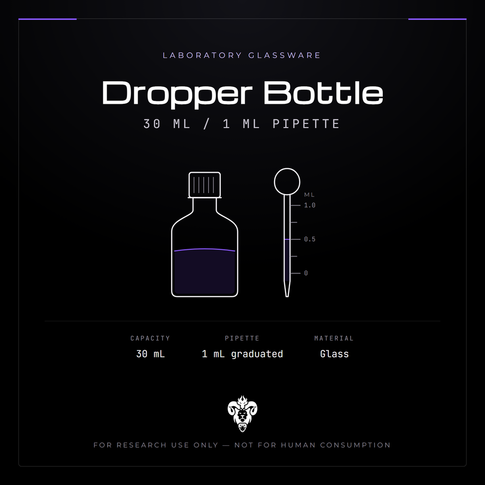 Kimera Chems laboratory glassware cover: a 30 mL glass dropper bottle with a screw cap, shown beside its 1 mL graduated pipette.