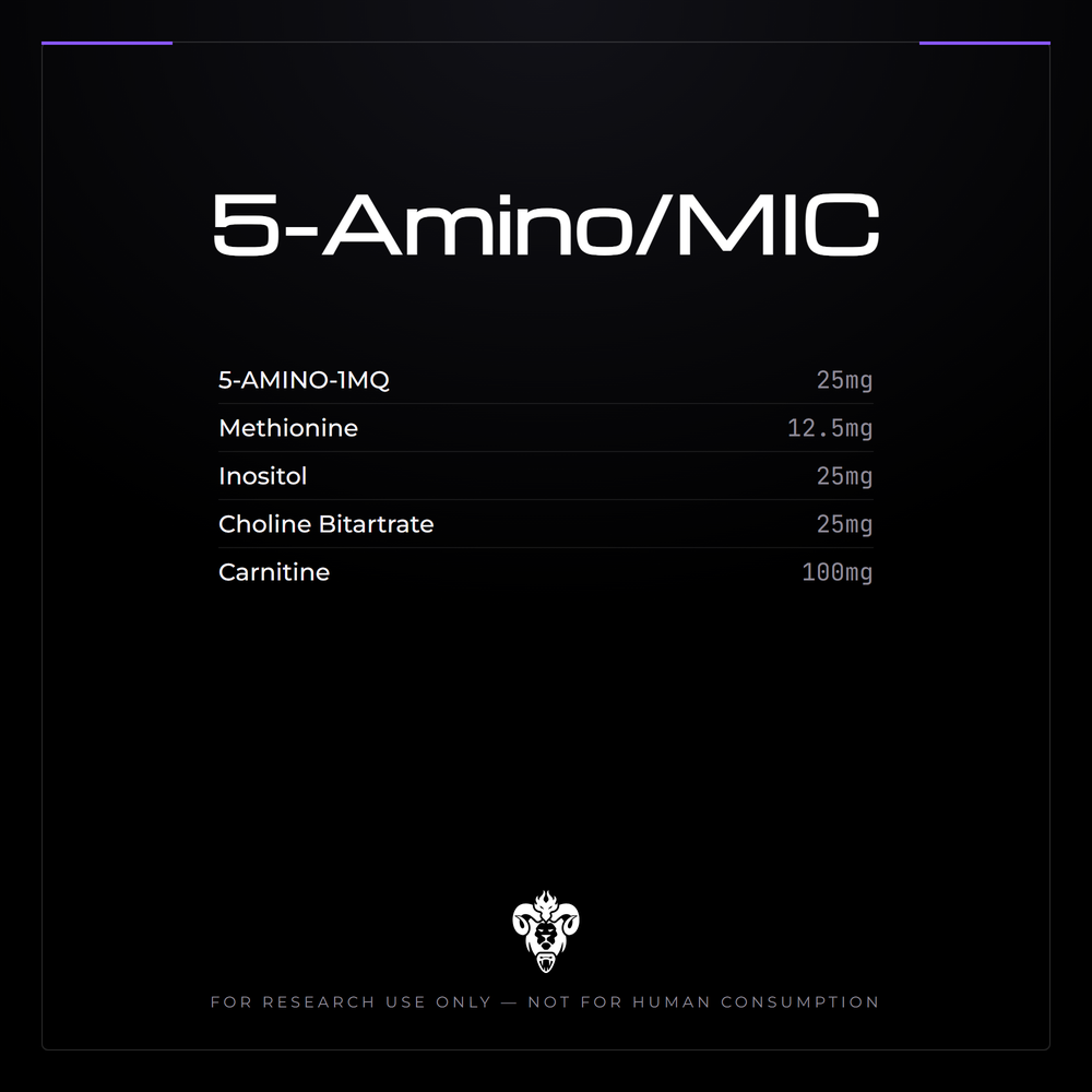Kimera Chems research compound cover for 5-Amino/MIC, an amino formulation: 5-amino-1MQ with methionine, inositol, choline.