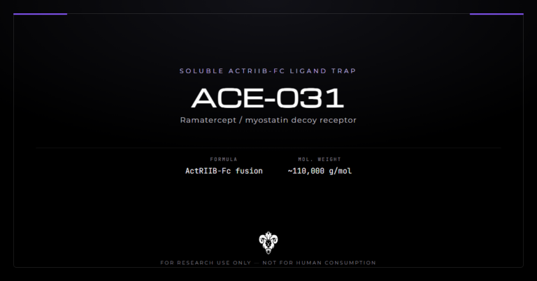 ACE-031 identity card for the ActRIIB-Fc fusion protein on a dark laboratory background