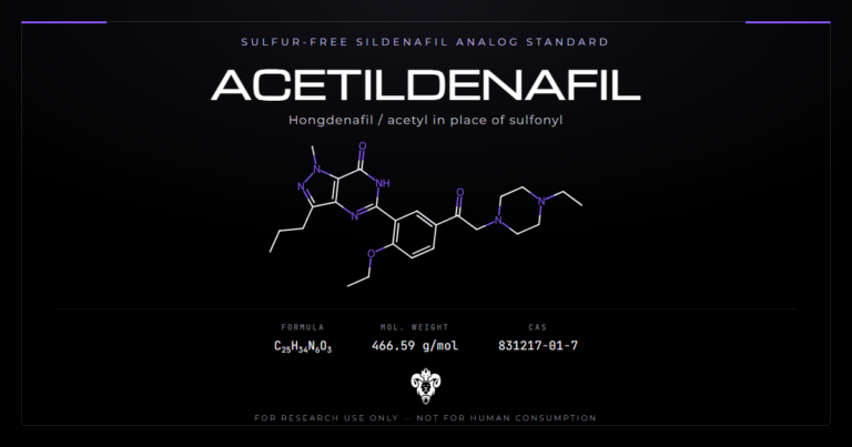 Acetildenafil chemical structure with molecular formula C25H34N6O3 on a dark laboratory background