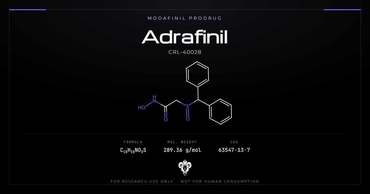 Adrafinil chemical structure with molecular formula C15H15NO3S on a dark laboratory background