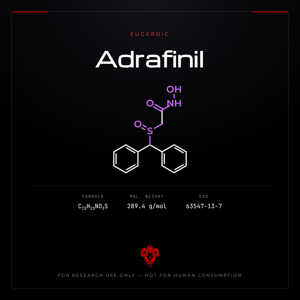 Chemical structure representation of Adrafinil, a synthetic amide / Sulfinyl derivative.