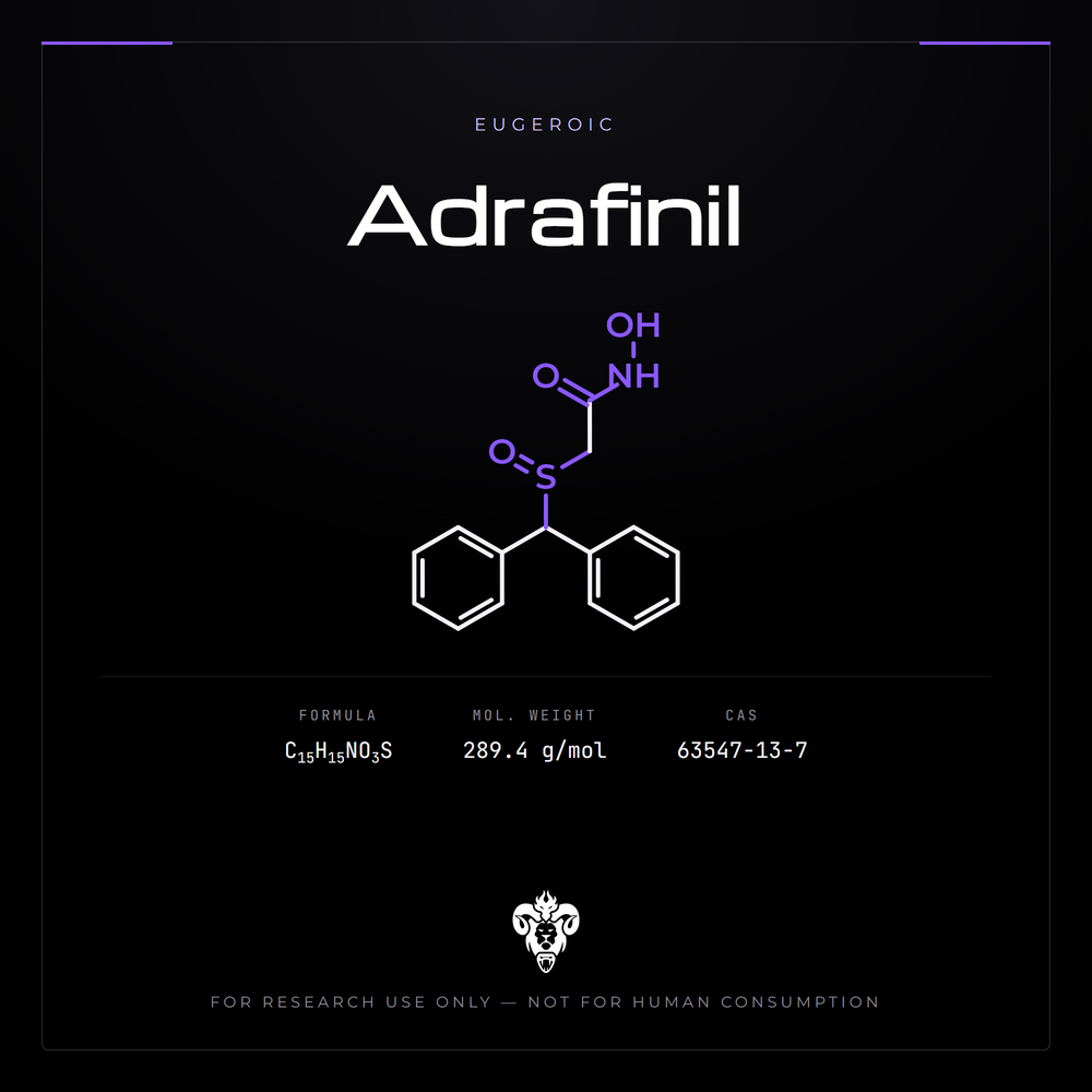 Chemical structure representation of Adrafinil, a synthetic amide / Sulfinyl derivative.