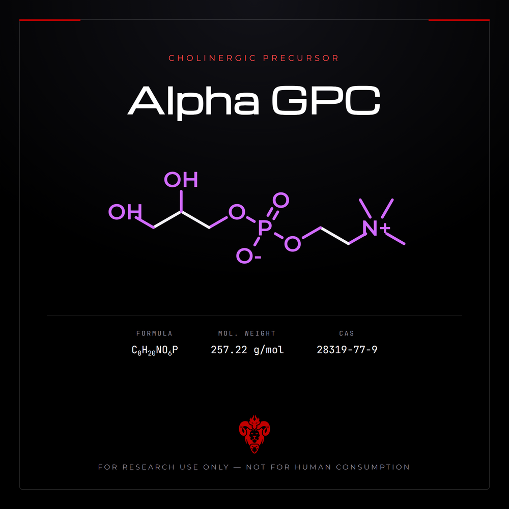Chemical structure representation of Alpha GPC, a glycerophosphocholine.