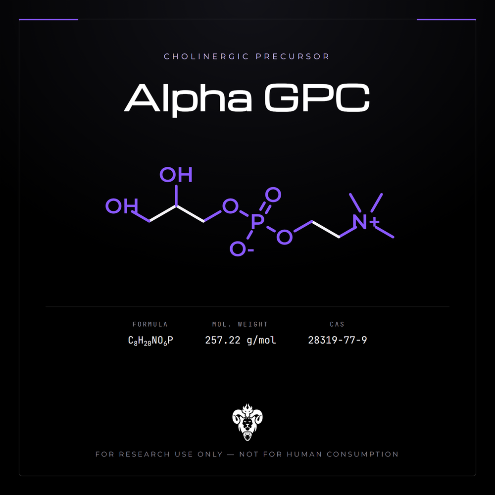 Chemical structure representation of Alpha GPC, a glycerophosphocholine.