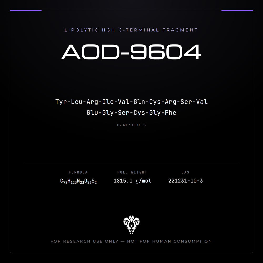 Kimera Chems research compound cover for AOD-9604, a growth Hormone C-Terminal Peptide Fragment.