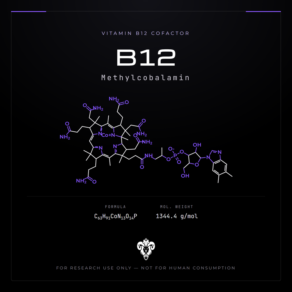 Chemical structure representation of B12 (Methylcobalamin), a cobalamin; organometallic cobalt corrinoid.