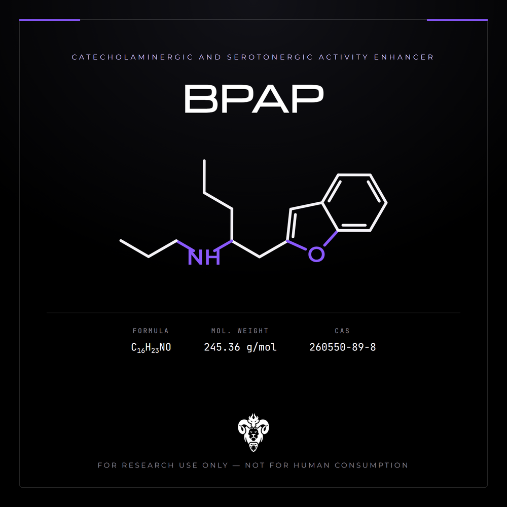 Chemical structure representation of BPAP, a benzofuranyl propylaminopentane.