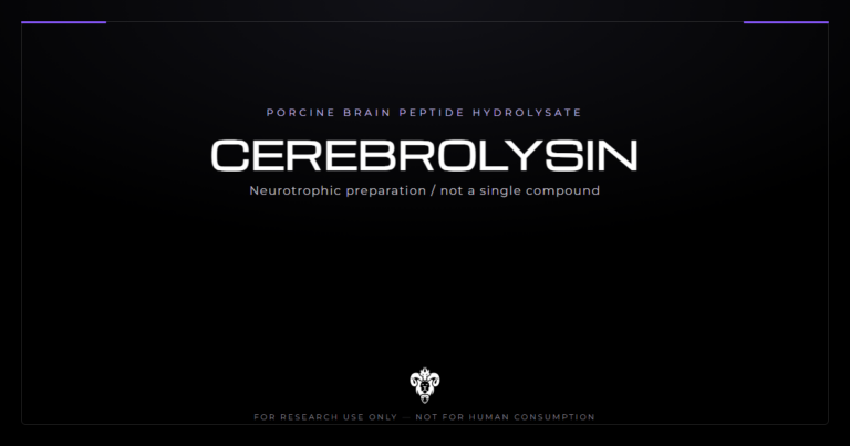 Cerebrolysin research compound profile showing the porcine brain peptide hydrolysate fraction below 10 kDa on a Kimera Chems branded cover