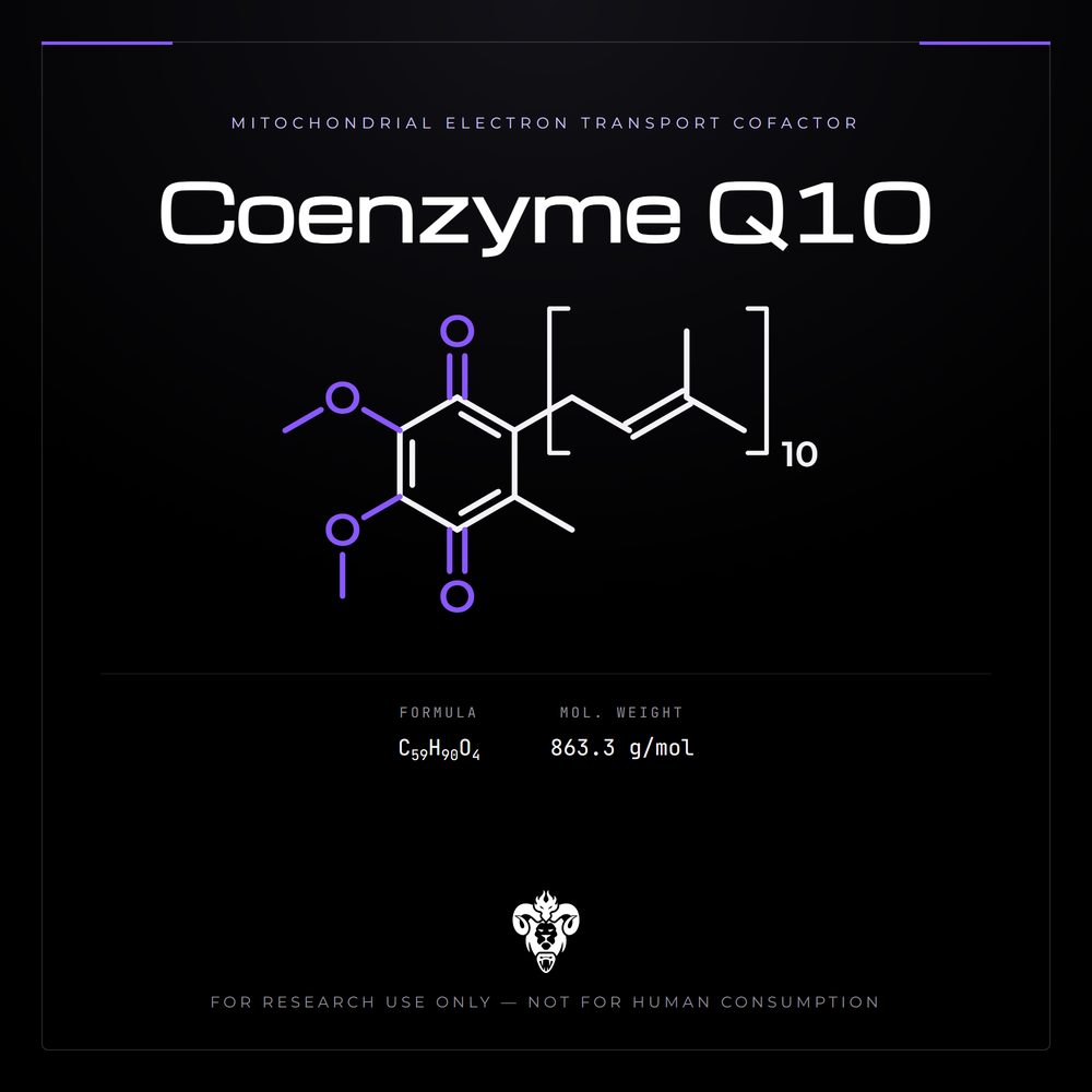 Chemical structure representation of Coenzyme Q10, a benzoquinone Derivative / Isoprenoid Coenzyme.