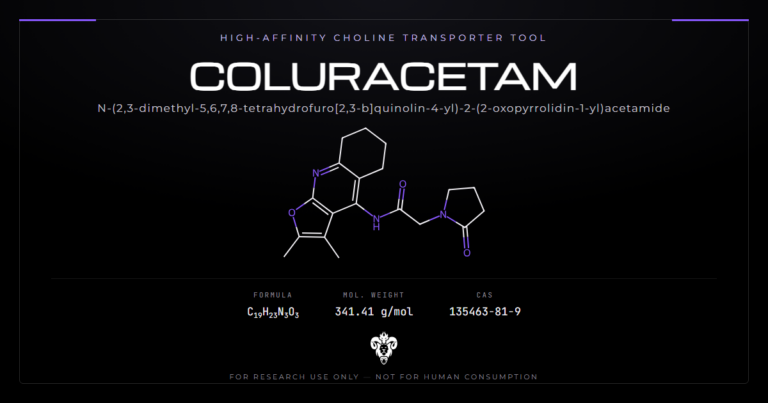 Coluracetam chemical structure with molecular formula C19H23N3O3 on a dark laboratory background