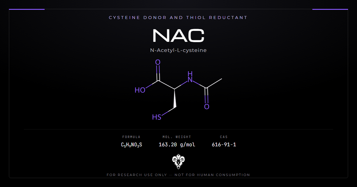 NAC chemical structure, N-acetylcysteine, acetylated amino acid with a free thiol group