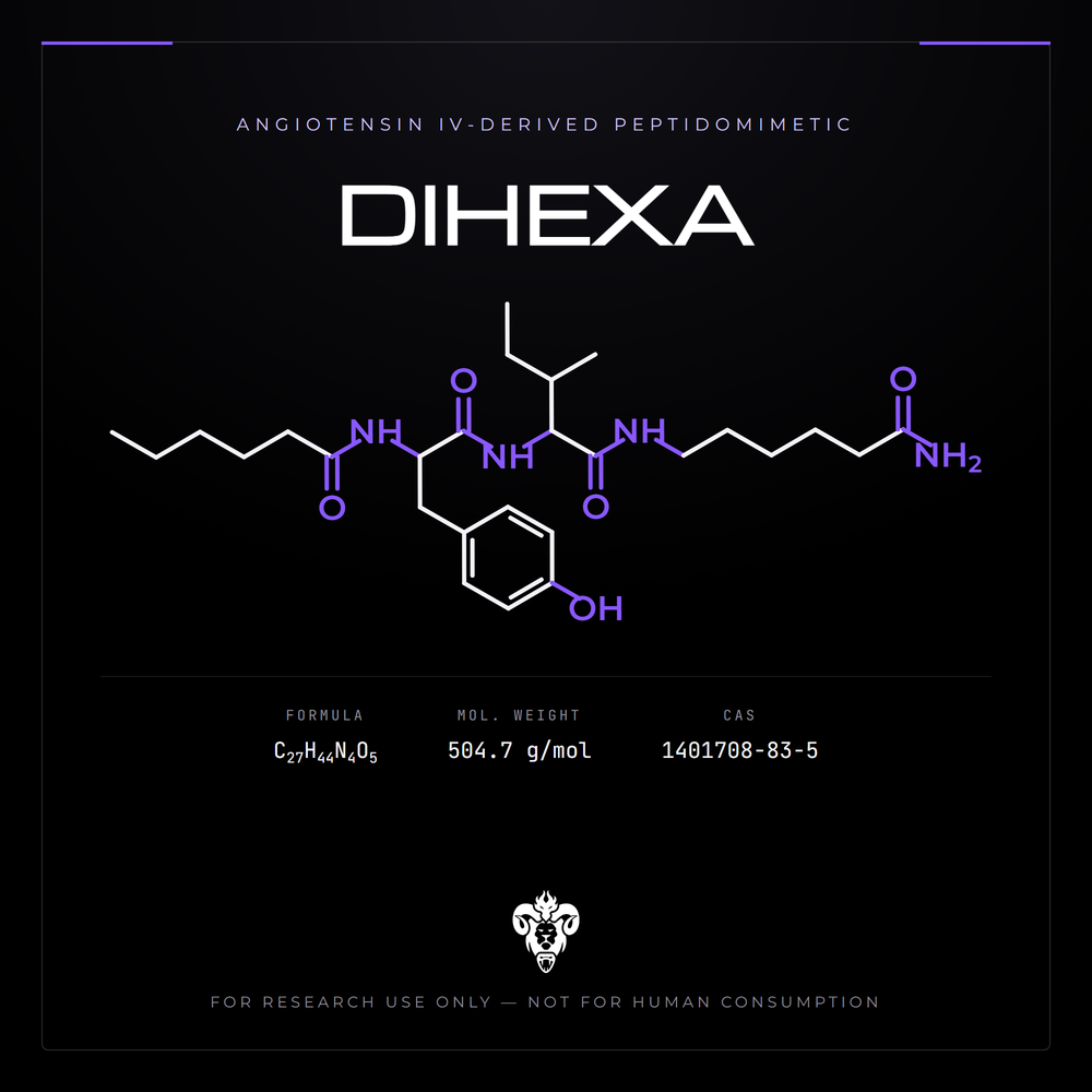 Chemical structure representation of DIHEXA, an angiotensin IV-derived hexapeptide mimetic.