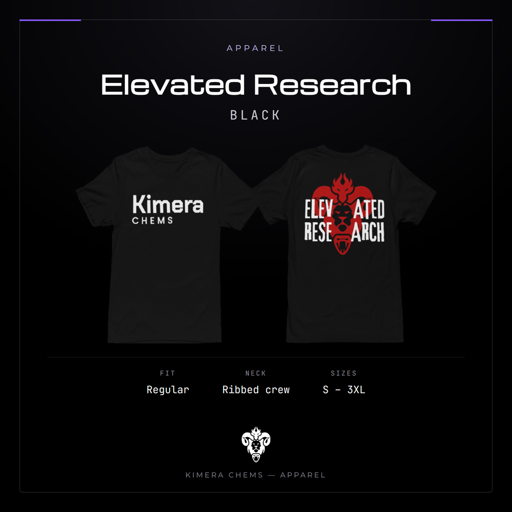 Kimera Chems Elevated Research cotton crew-neck shirt in black, front and back, with the Elevated Research print.