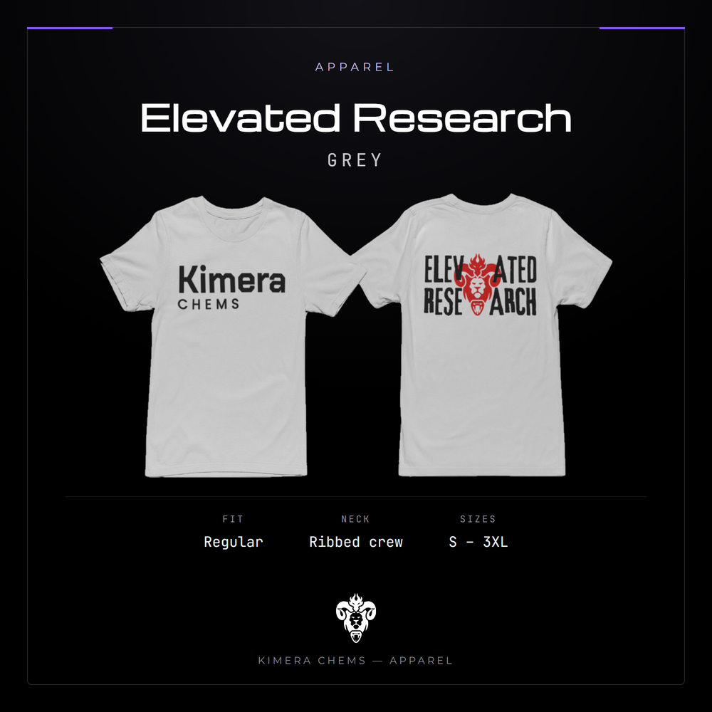 Kimera Chems Elevated Research cotton crew-neck shirt in grey, front and back, with the Elevated Research print.