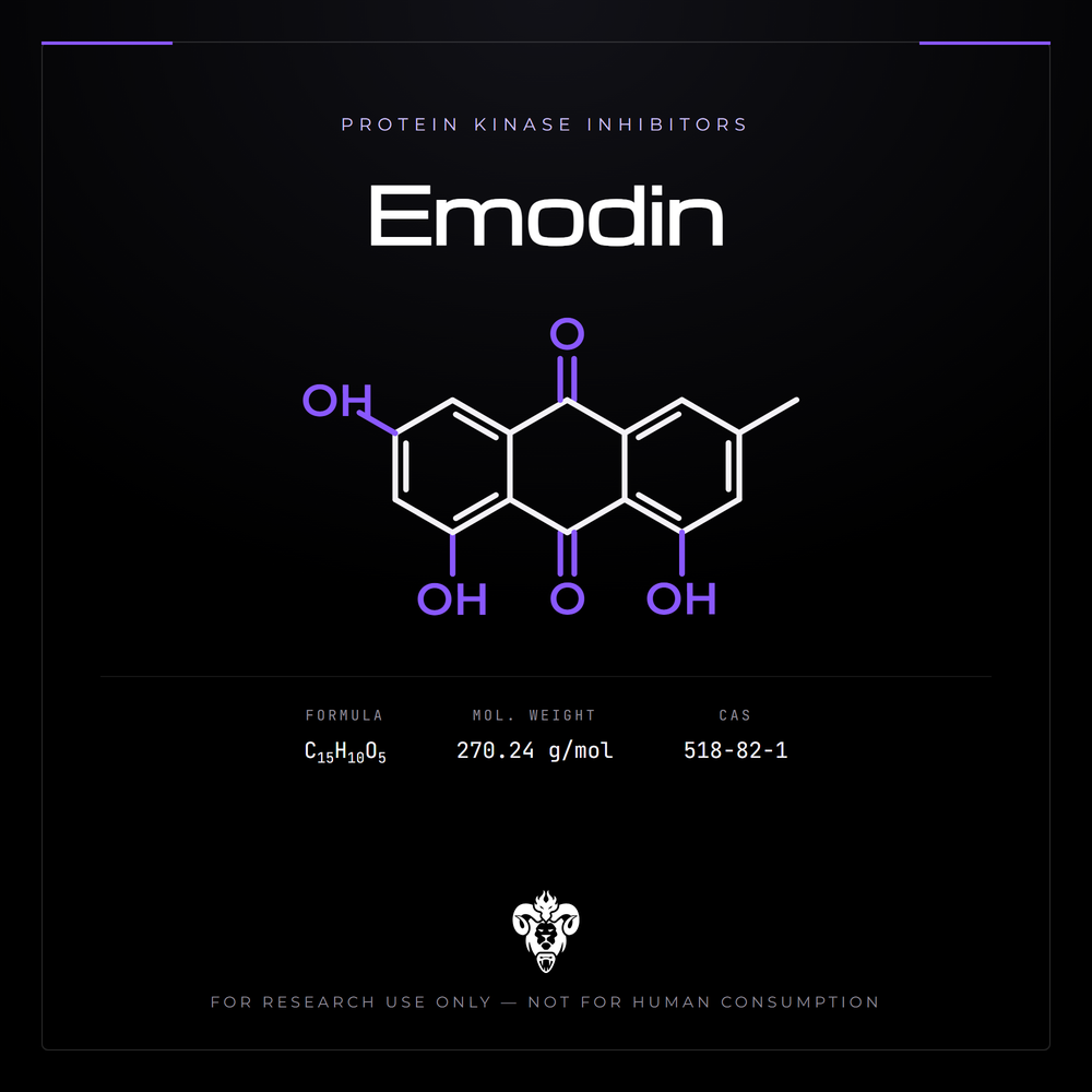 Chemical structure representation of Emodin, a substituted Anthraquinone.