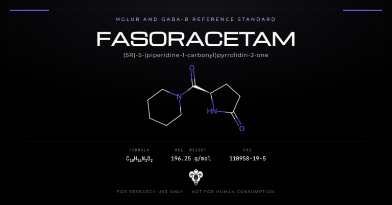 Fasoracetam chemical structure with molecular formula C10H16N2O2 on a dark laboratory background