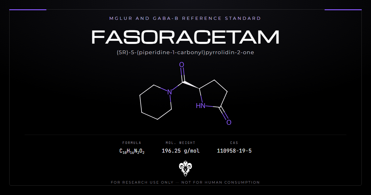Fasoracetam chemical structure with molecular formula C10H16N2O2 on a dark laboratory background