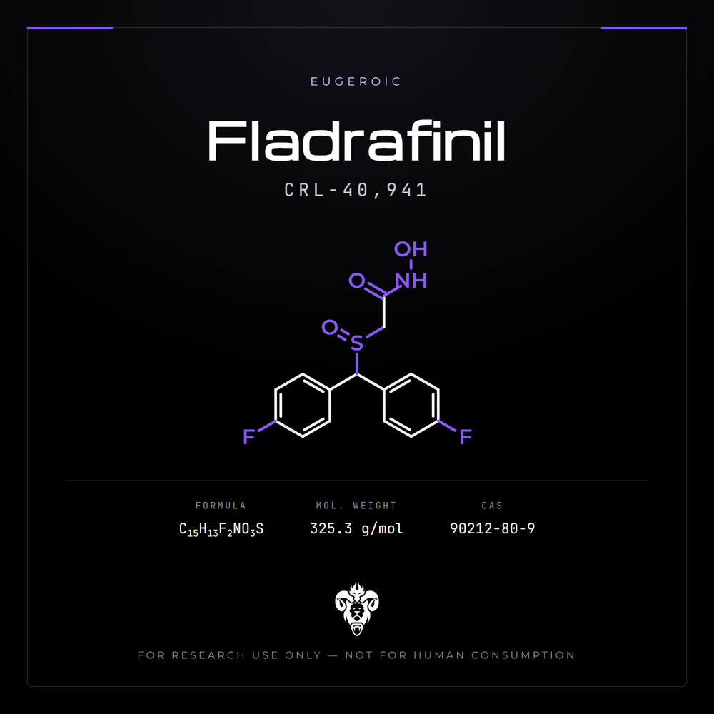 Chemical structure representation of Fladrafinil (CRL-40,941), a sulfinylacetamide Derivative.