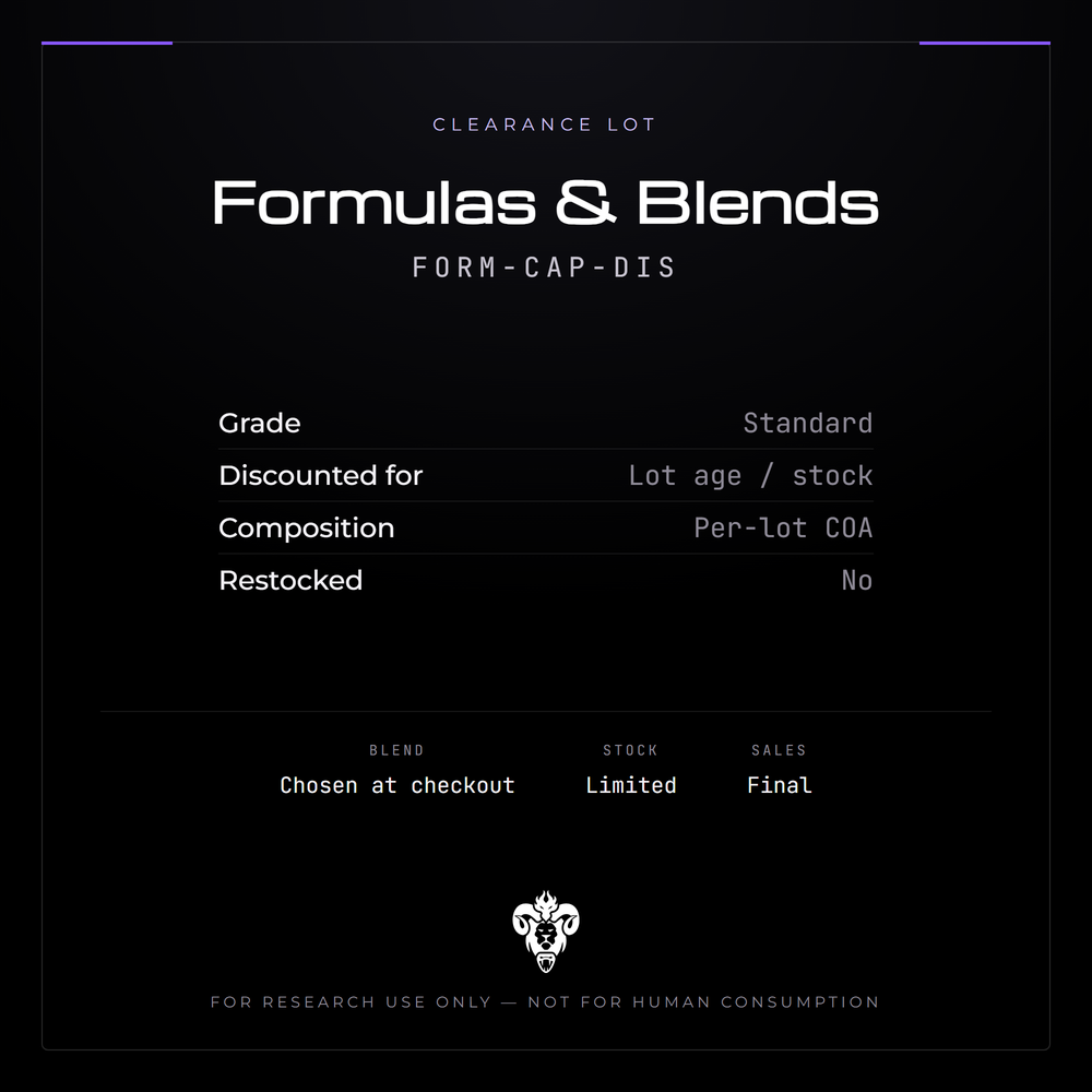 Kimera Chems clearance cover for discounted research formulas and peptide blends, stating that the discount is for lot age or remaining stock rather than grade and that sales are final.
