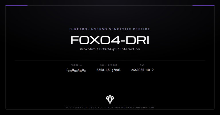 FOXO4-DRI peptide identity card with molecular formula C228H388N86O64 on a dark laboratory background