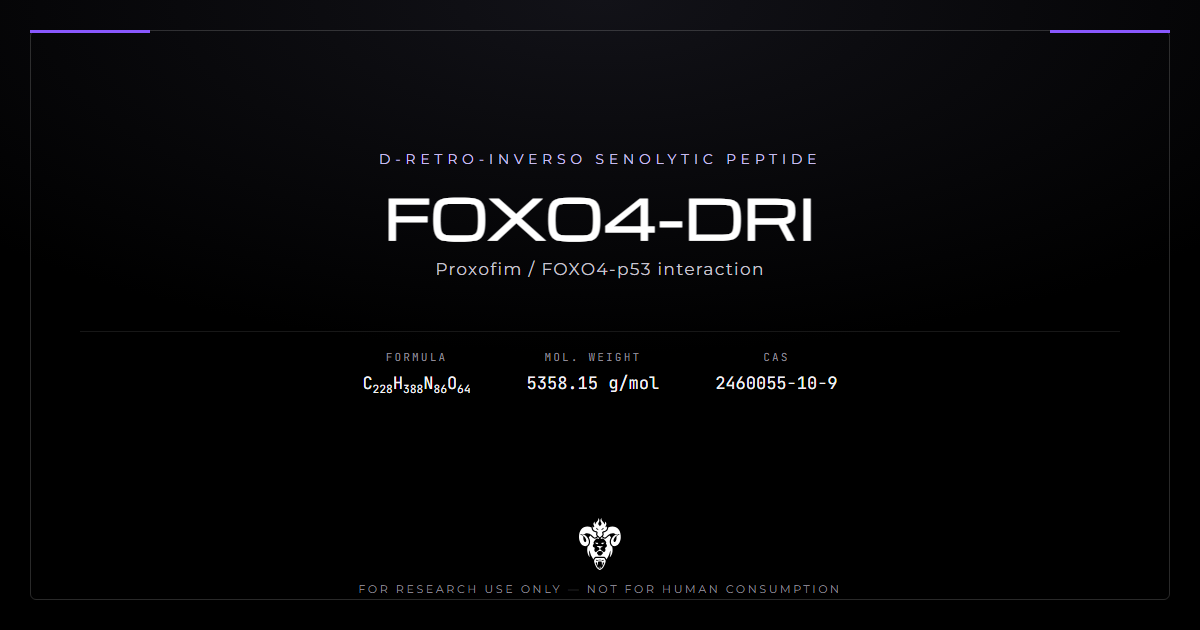FOXO4-DRI peptide identity card with molecular formula C228H388N86O64 on a dark laboratory background