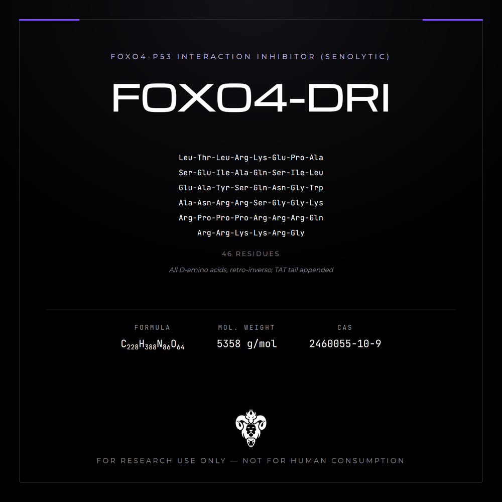Kimera Chems research compound cover for FOXO4-DRI, a senolytic Agent.