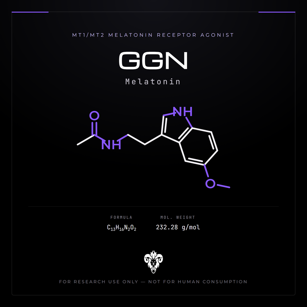 Chemical structure representation of GGN (Melatonin), an indoleamine (N-acetyl-5-methoxytryptamine).