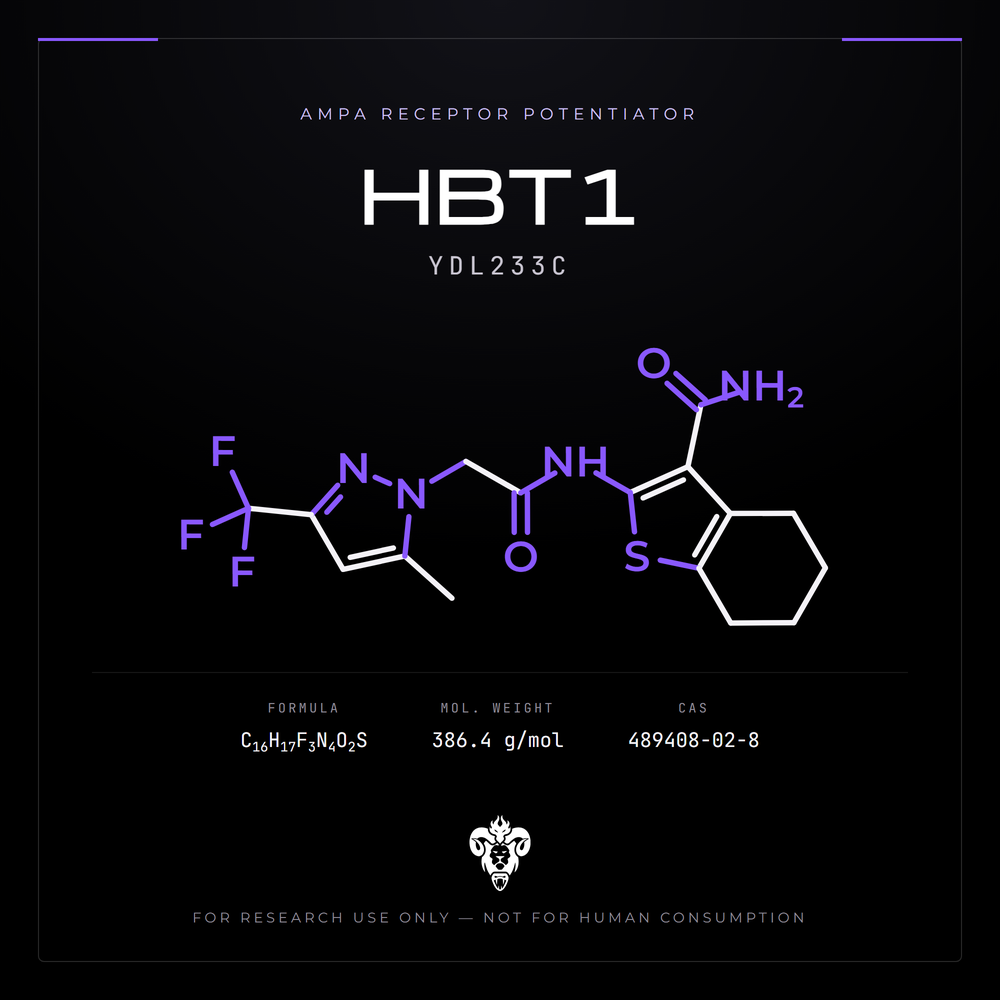 Chemical structure representation of HBT1 (YDL233C), a tetrahydrobenzothiophene carboxamide.