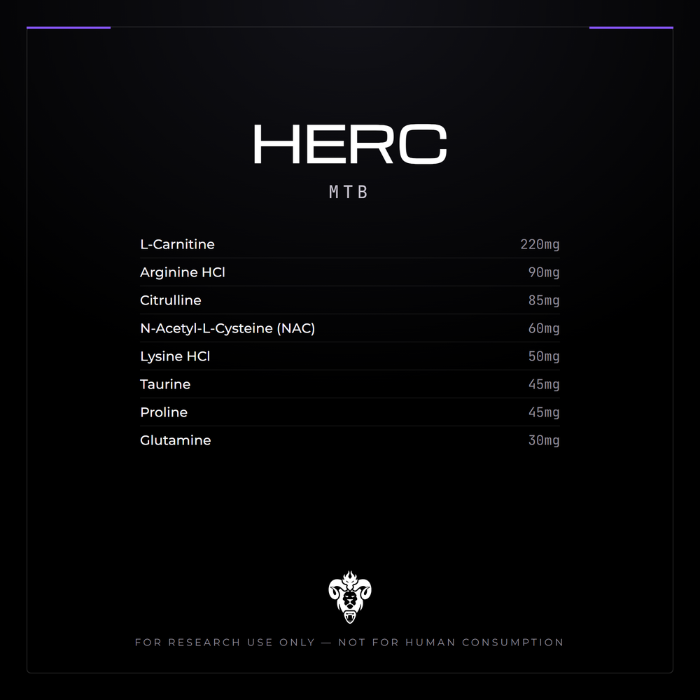 Kimera Chems research compound cover for HERC (MTB), a multi-component amino formulation.