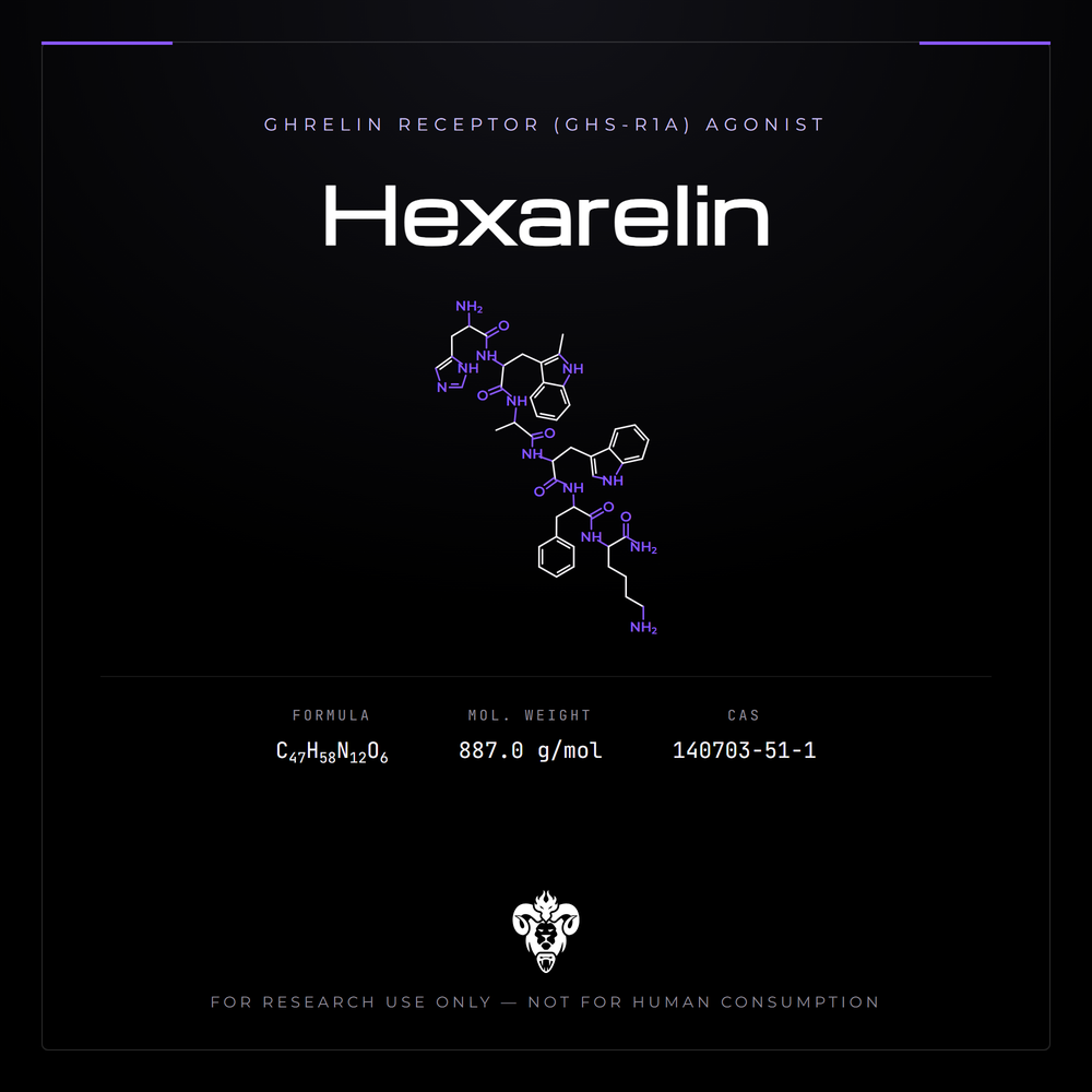 Chemical structure representation of Hexarelin, a synthetic hexapeptide, acetate salt.