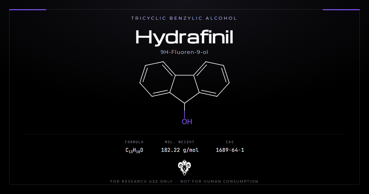 Hydrafinil (fluorenol) chemical structure with molecular formula C13H10O on a dark laboratory background