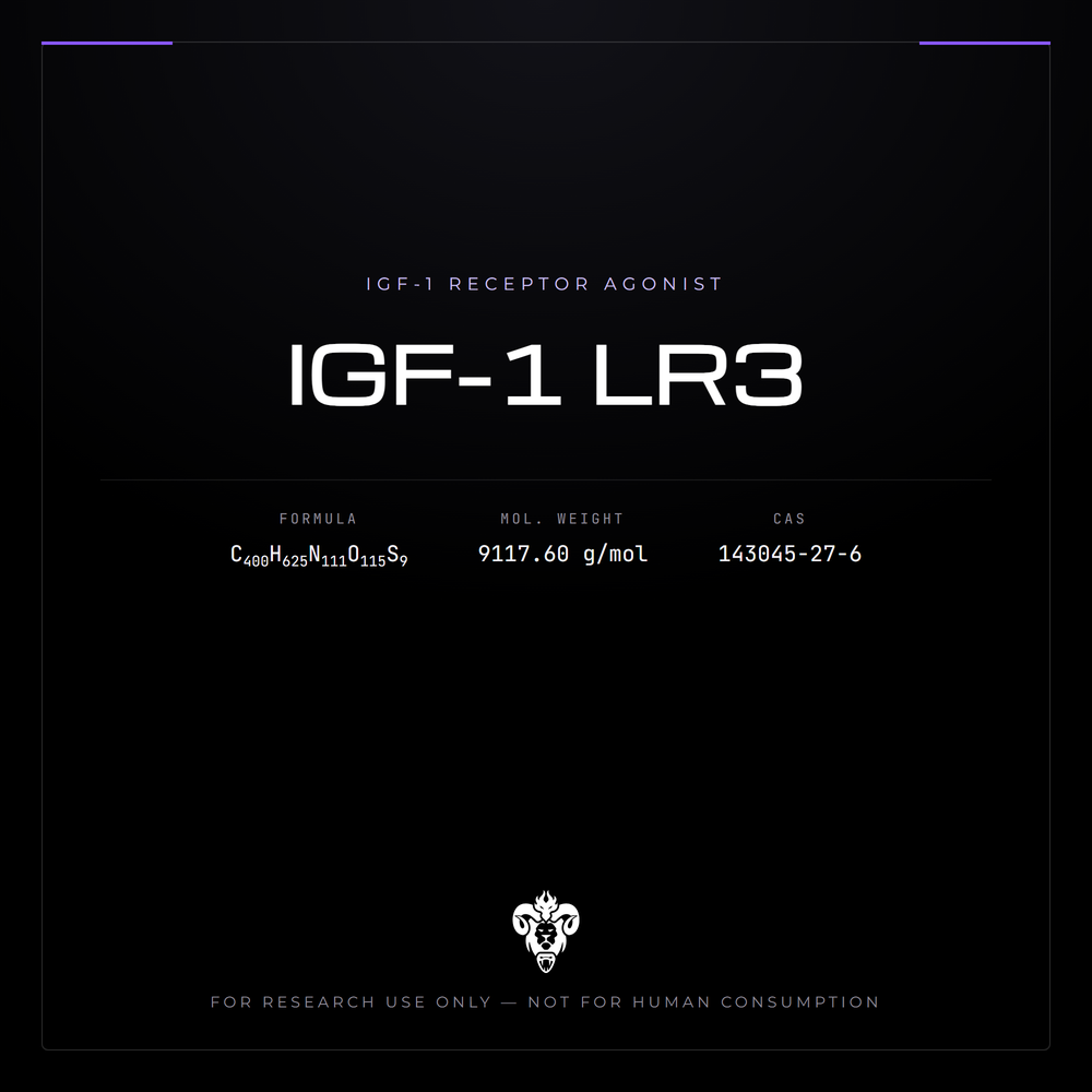 Kimera Chems research compound cover for IGF-1 LR3, a recombinant 83-residue IGF-1 analogue.