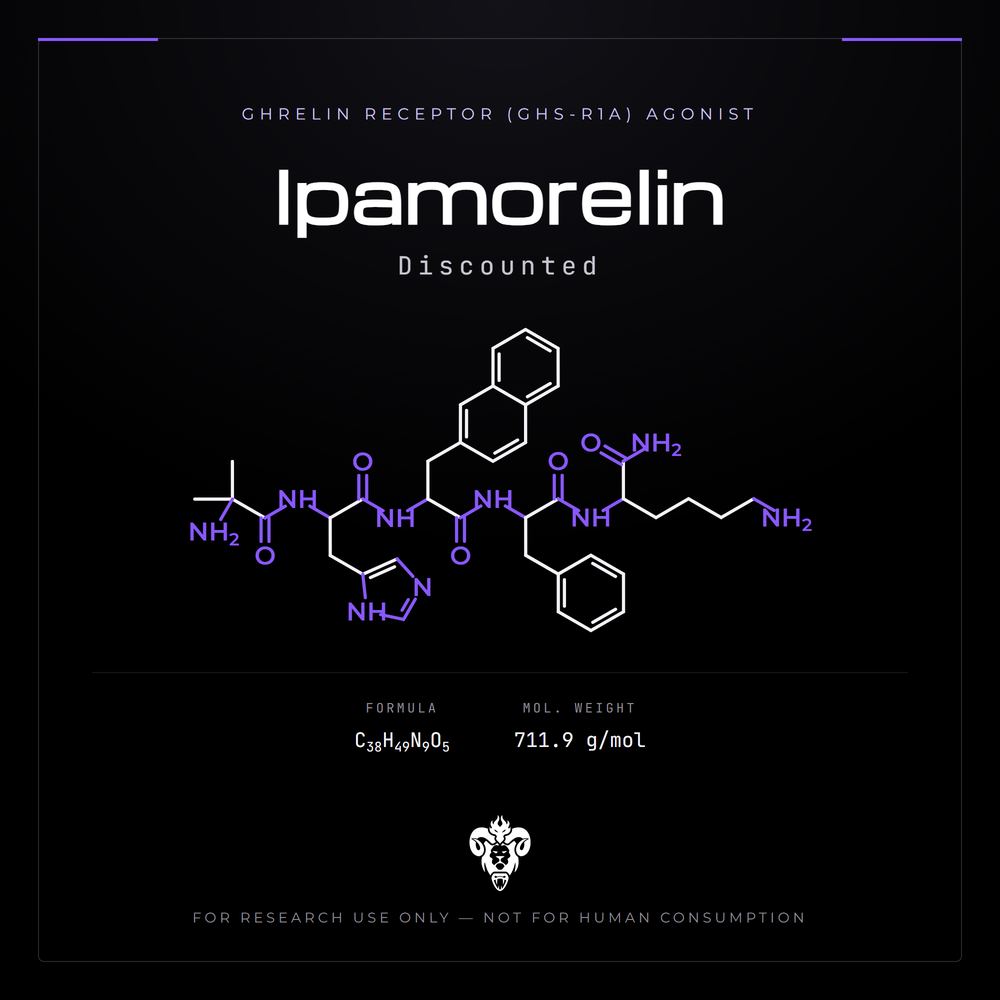 Chemical structure representation of Ipamorelin (Discounted), a synthetic pentapeptide, acetate salt.