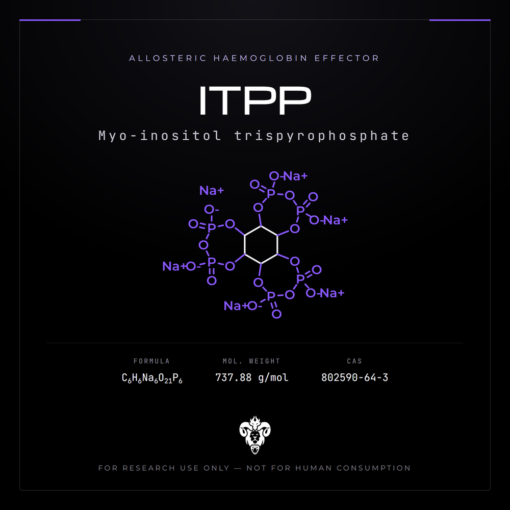 Chemical structure representation of ITPP (Myo-inositol trispyrophosphate), an inositol polyphosphate; allosteric haemoglobin effector.