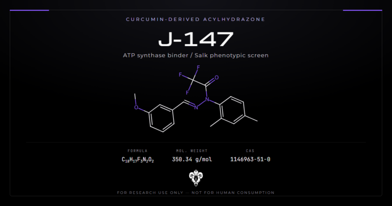 J-147 chemical structure with molecular formula C18H17F3N2O2 on a dark laboratory background