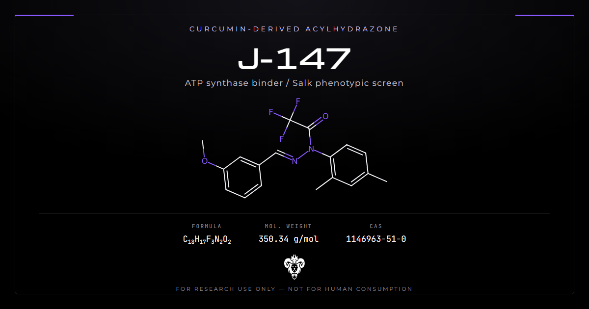 J-147 chemical structure with molecular formula C18H17F3N2O2 on a dark laboratory background