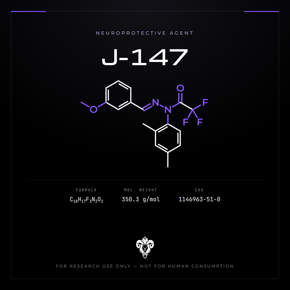 Chemical structure representation of J-147, a synthetic Trifluoroacetamide Hydrazone.
