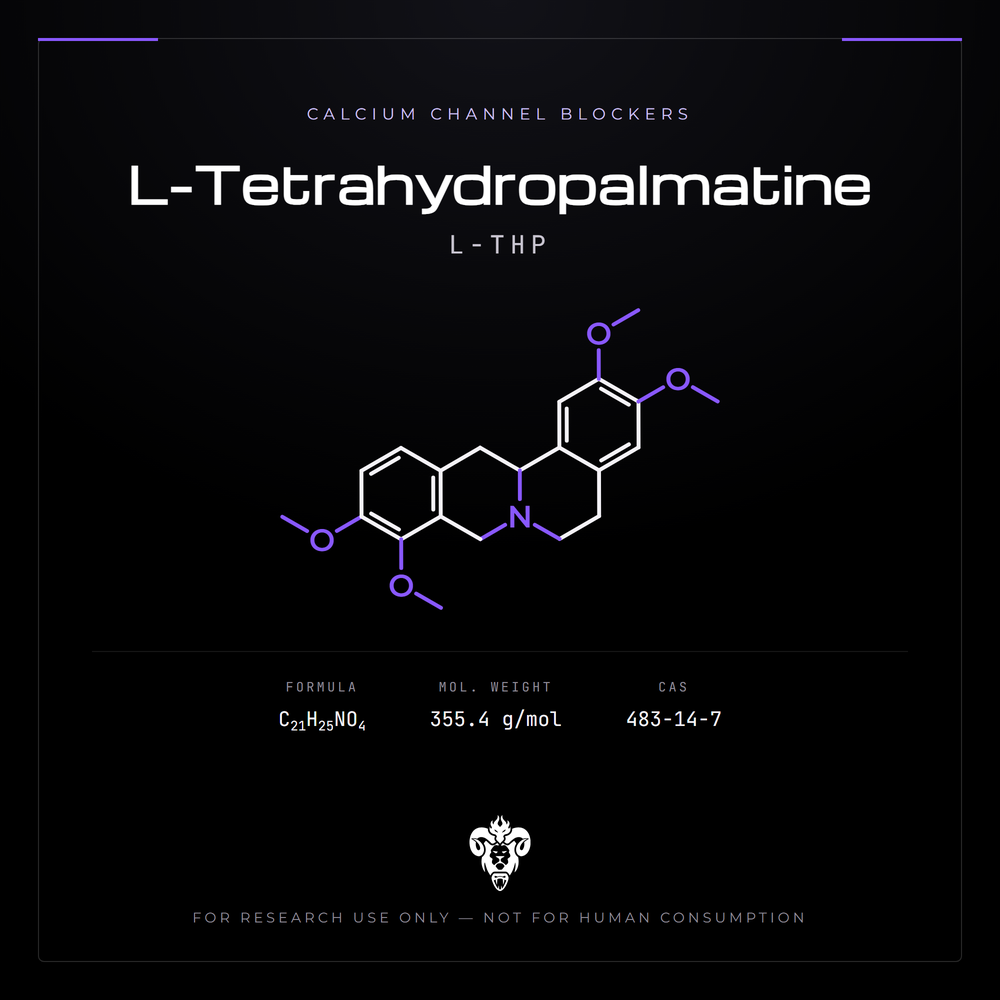 Chemical structure representation of L-Tetrahydropalmatine (L-THP), a protoberberine isoquinoline alkaloid.